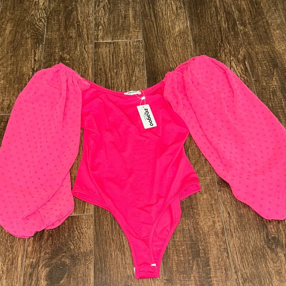 Zeagoo Fuchsia Bodysuit Top NWT | Sheer Puff Sleeve Pink Medium - Picture 1 of 4